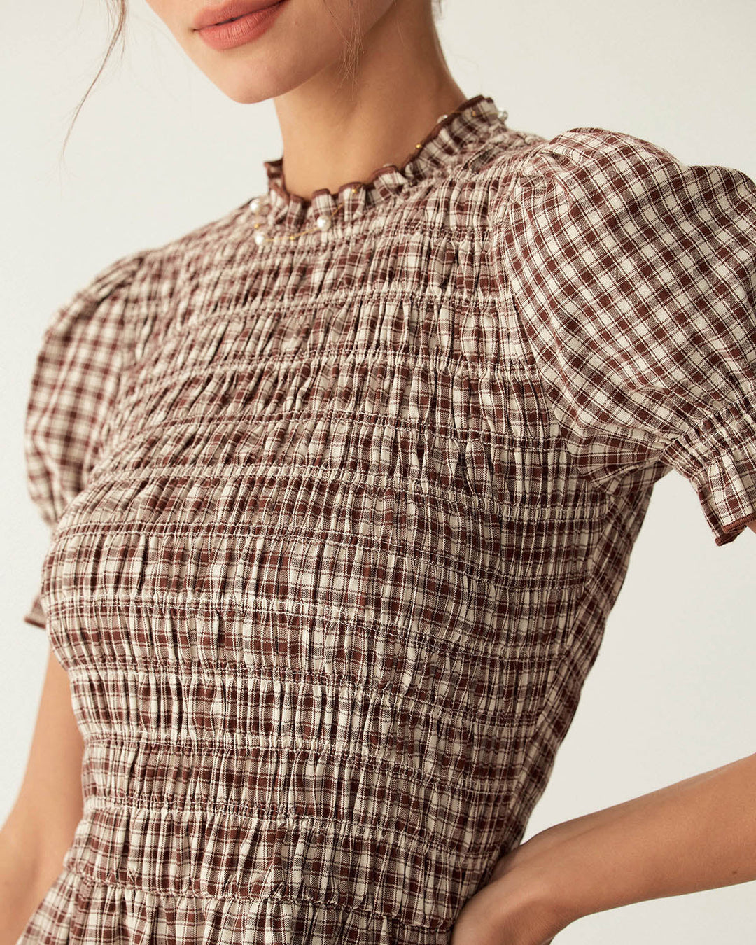 Coffee Plaid Puffed Sleeve Mini Dress