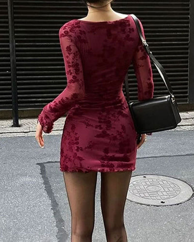 Red Floral Round Neck Mini Dress