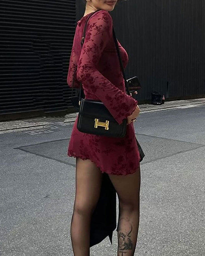 Red Floral Round Neck Mini Dress - Celestia Couture