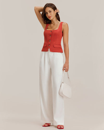 White Ruched Straight Pants