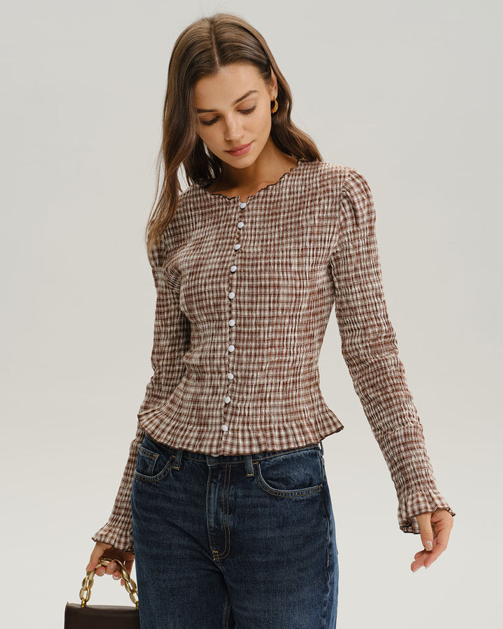 Brown Plaid Shirred Poet Sleeve Blouse - Celestia Couture