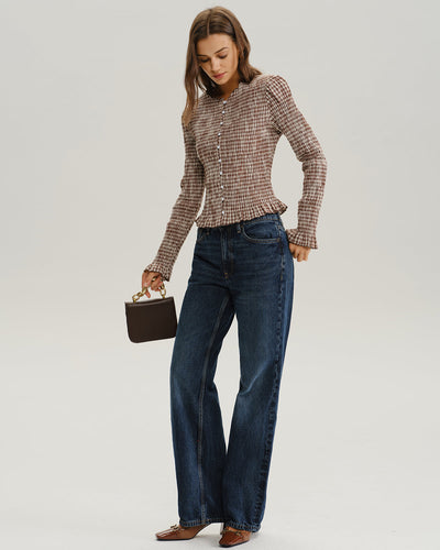 Brown Plaid Shirred Poet Sleeve Blouse