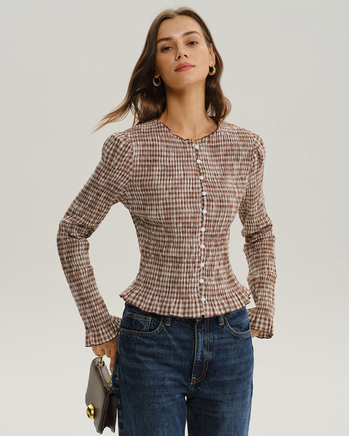 Brown Plaid Shirred Poet Sleeve Blouse - Celestia Couture