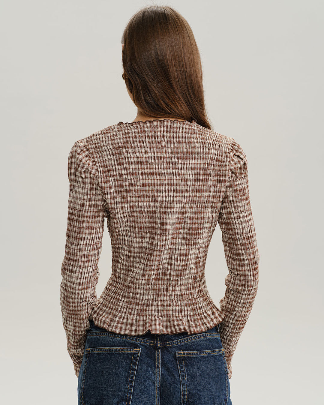 Brown Plaid Shirred Poet Sleeve Blouse - Celestia Couture