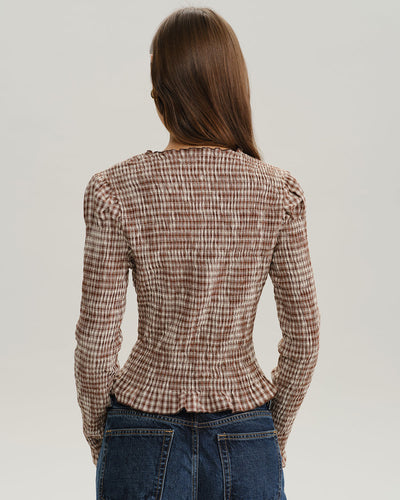 Brown Plaid Shirred Poet Sleeve Blouse