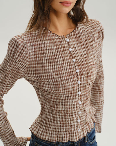 Brown Plaid Shirred Poet Sleeve Blouse