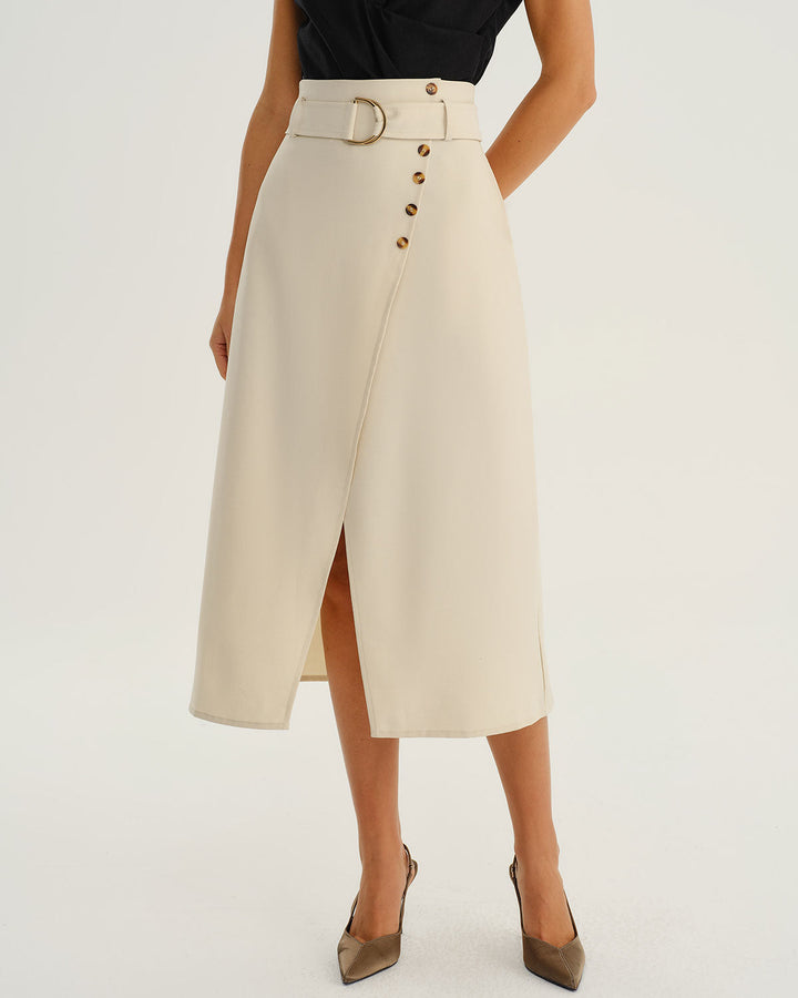 Beige Wrap Belted Midi Skirt - Celestia Couture