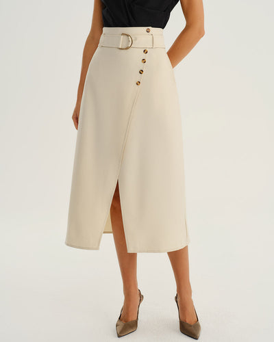 Beige Wrap Belted Midi Skirt