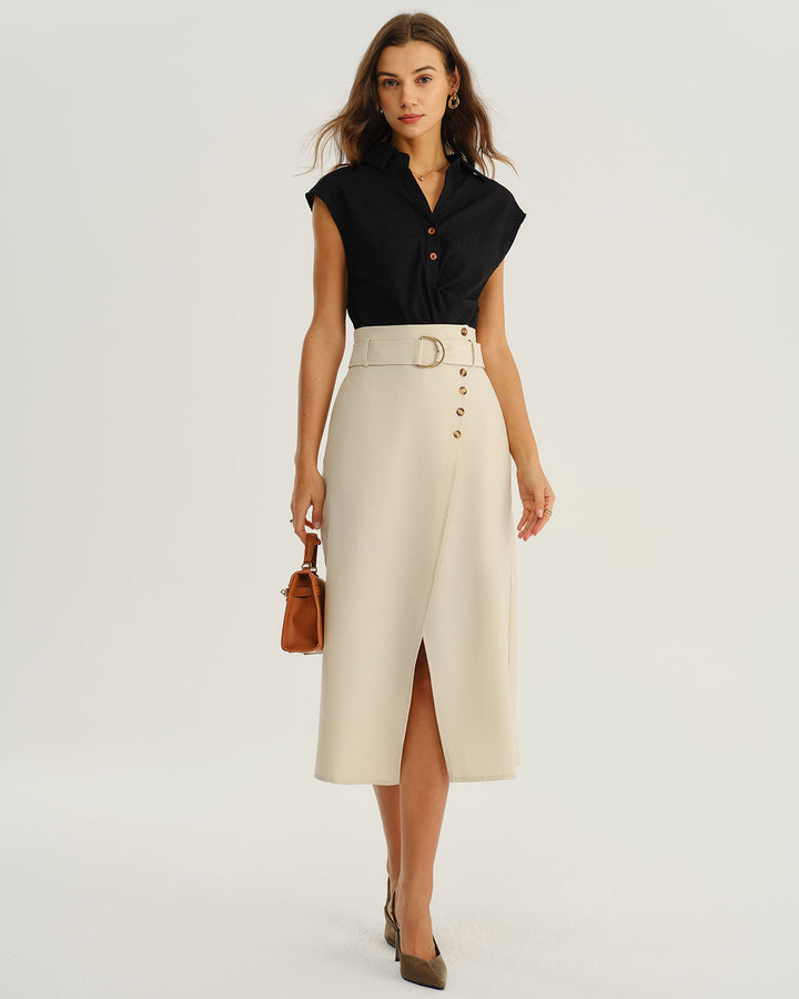 Beige Wrap Belted Midi Skirt - Celestia Couture