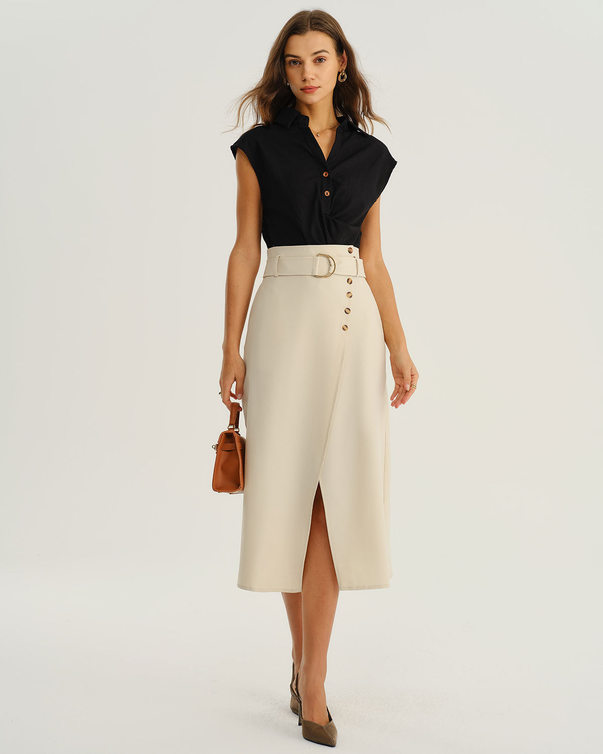 Beige Wrap Belted Midi Skirt