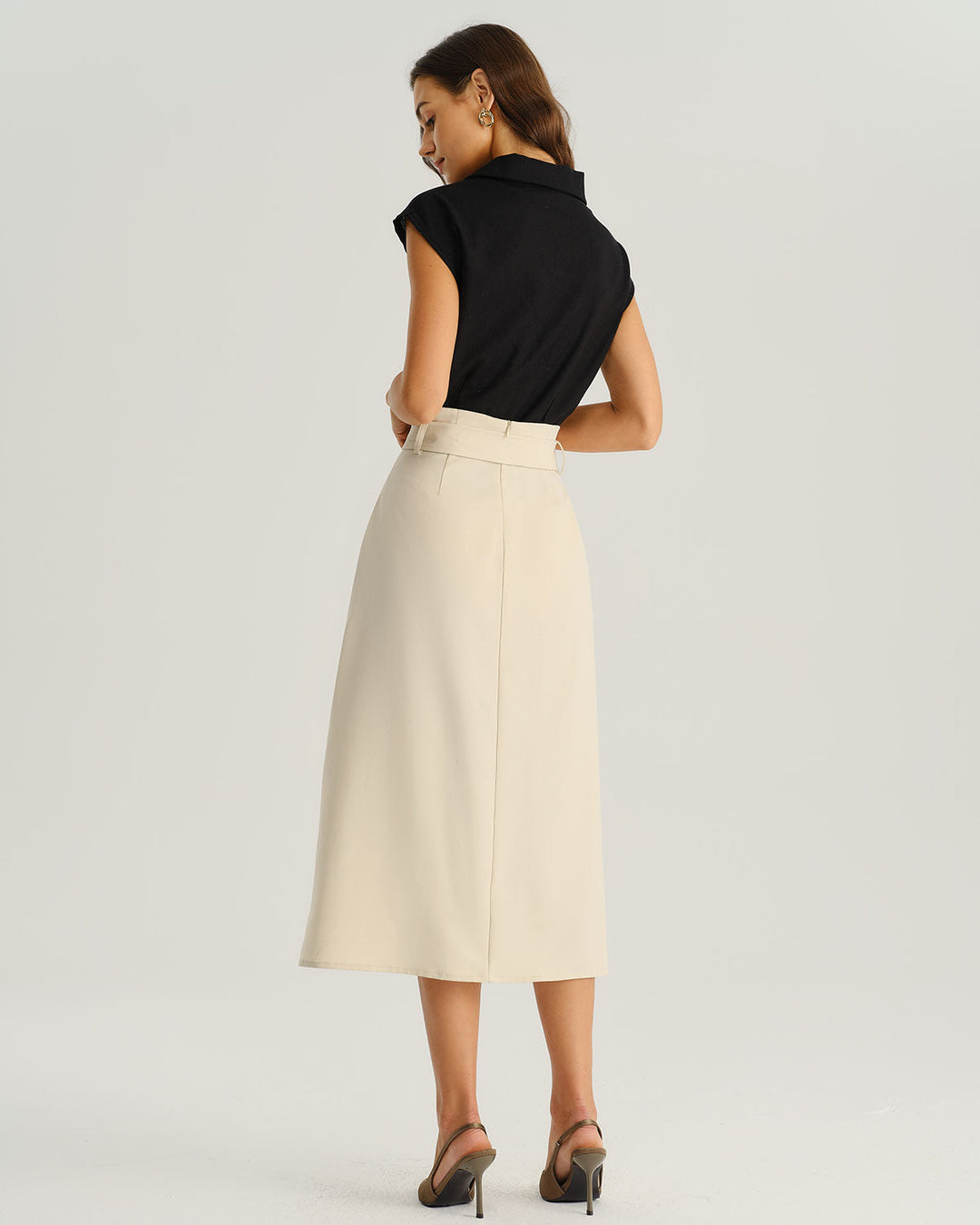 Beige Wrap Belted Midi Skirt - Celestia Couture