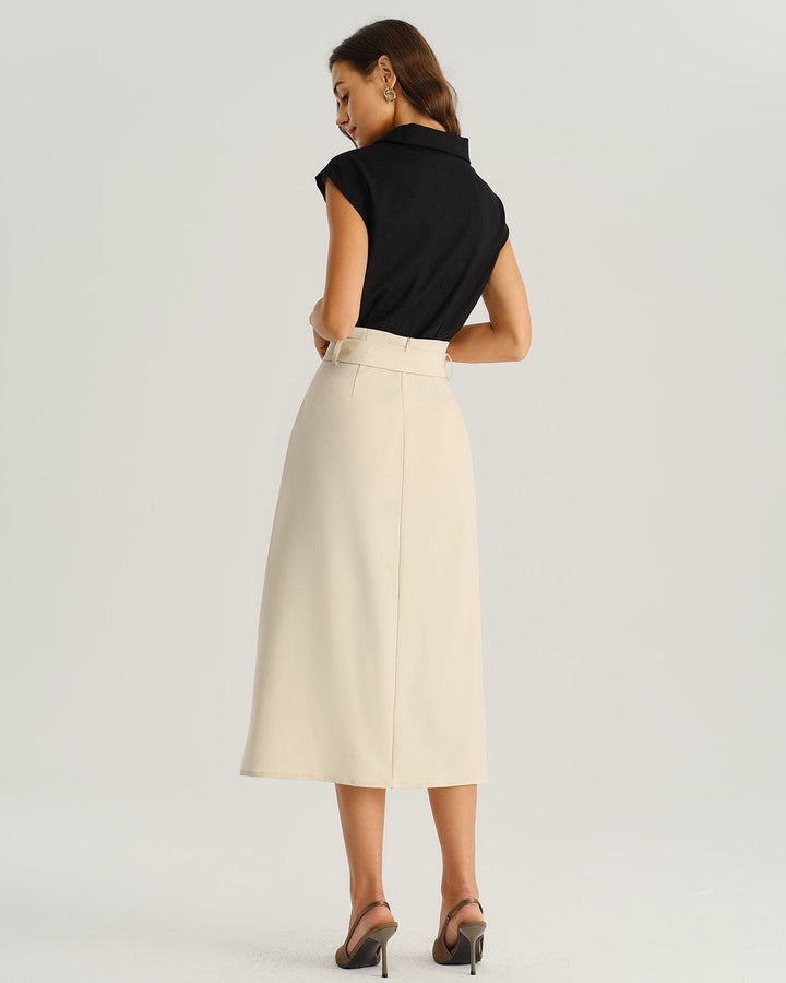 Beige Wrap Belted Midi Skirt - Celestia Couture