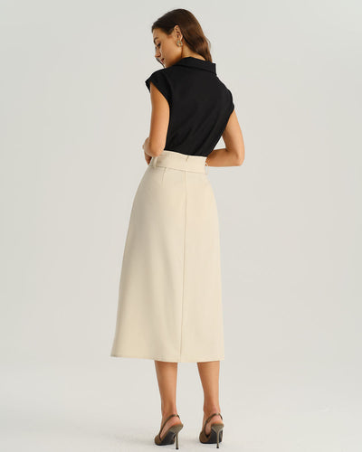Beige Wrap Belted Midi Skirt