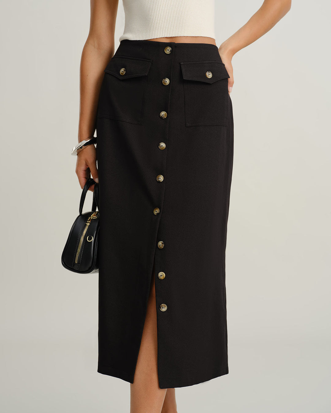 Black Natural Waisted Button Slit Midi Skirt - Celestia Couture