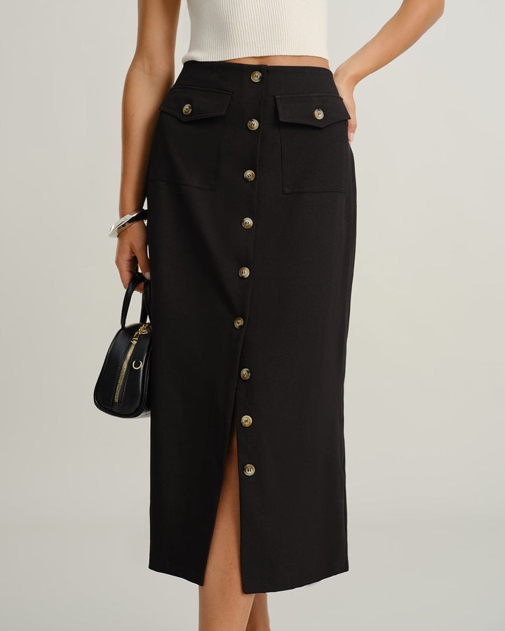Black Natural Waisted Button Slit Midi Skirt - Celestia Couture