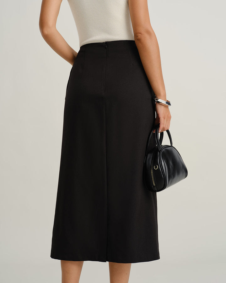 Black Natural Waisted Button Slit Midi Skirt - Celestia Couture