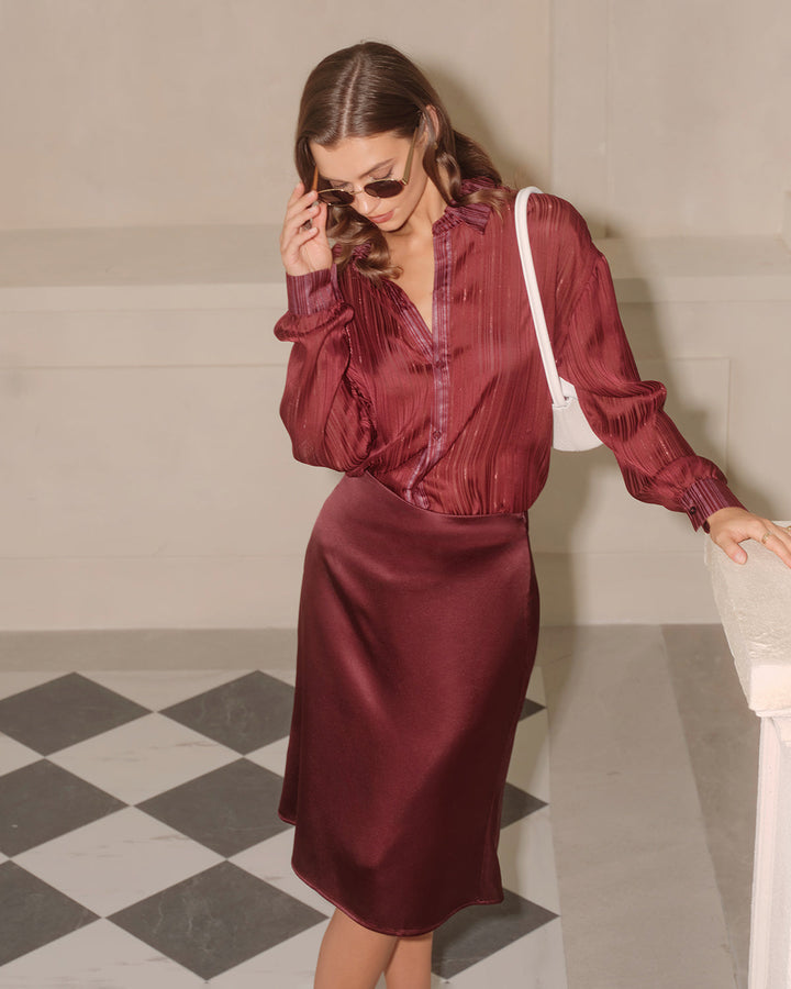 Wine Red Natural Waisted Mermaid Midi Skirt - Celestia Couture