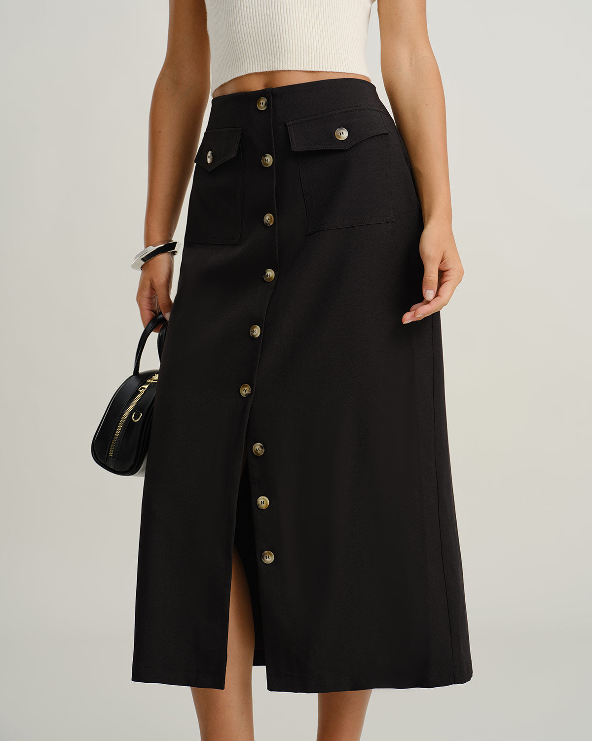 Black Natural Waisted Button Slit Midi Skirt
