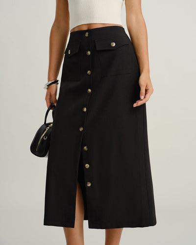 Black Natural Waisted Button Slit Midi Skirt