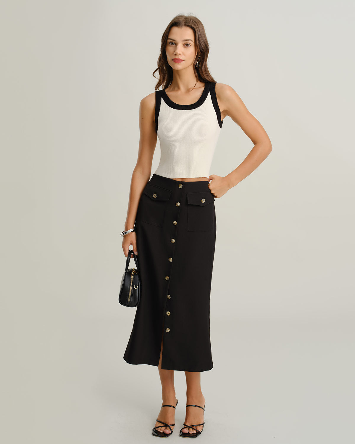 Black Natural Waisted Button Slit Midi Skirt