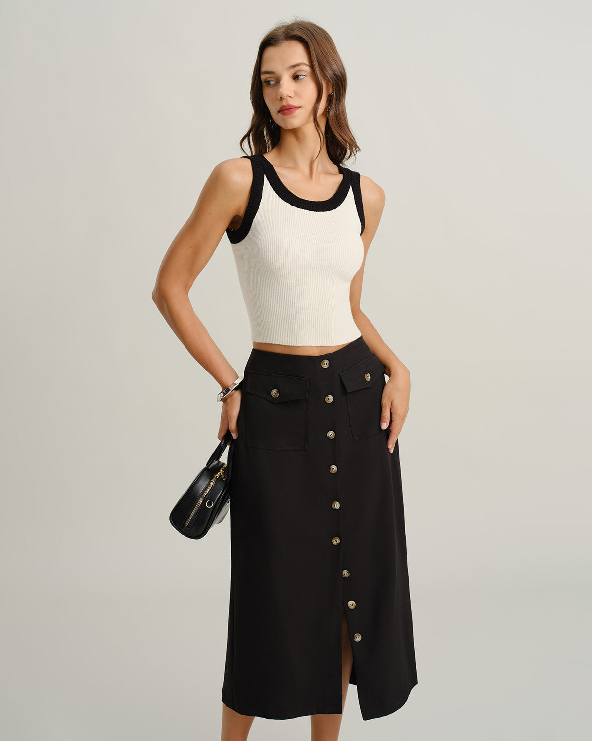Black Natural Waisted Button Slit Midi Skirt
