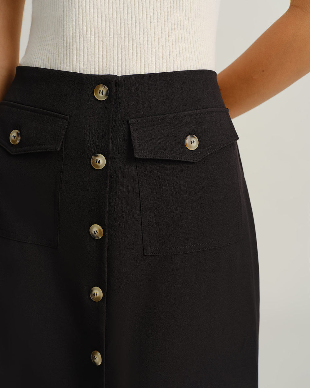 Black Natural Waisted Button Slit Midi Skirt - Celestia Couture