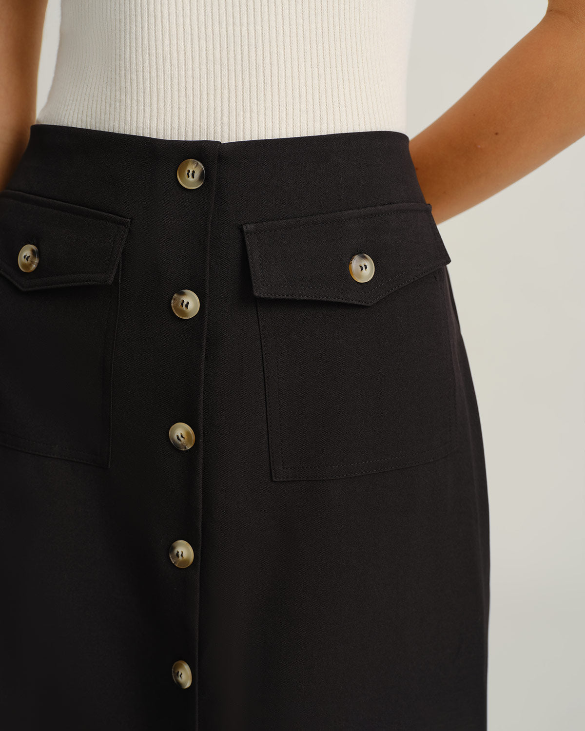 Black Natural Waisted Button Slit Midi Skirt