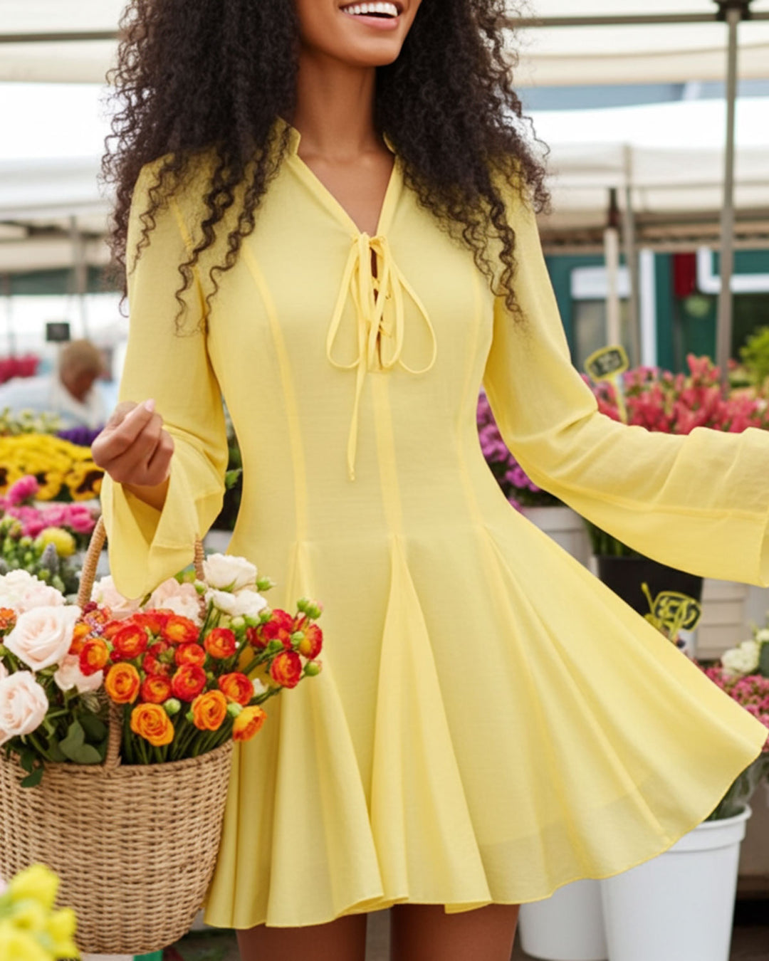 Yellow Bell Sleeve A-Line Mini Dress - Celestia Couture