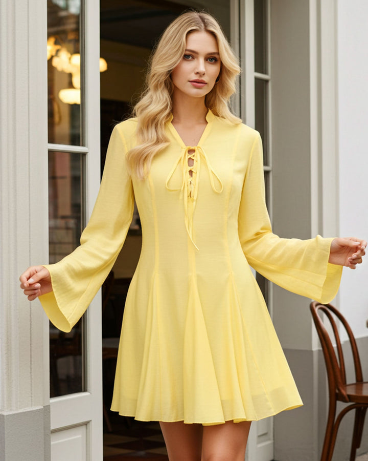 Yellow Bell Sleeve A-Line Mini Dress - Celestia Couture
