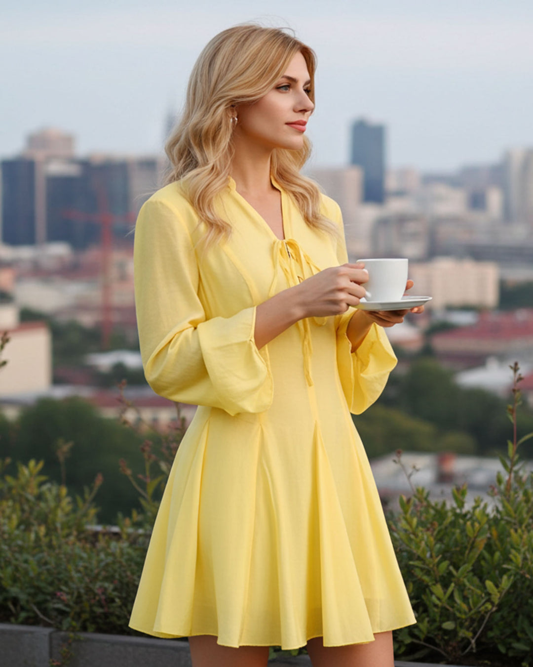 Yellow Bell Sleeve A-Line Mini Dress - Celestia Couture