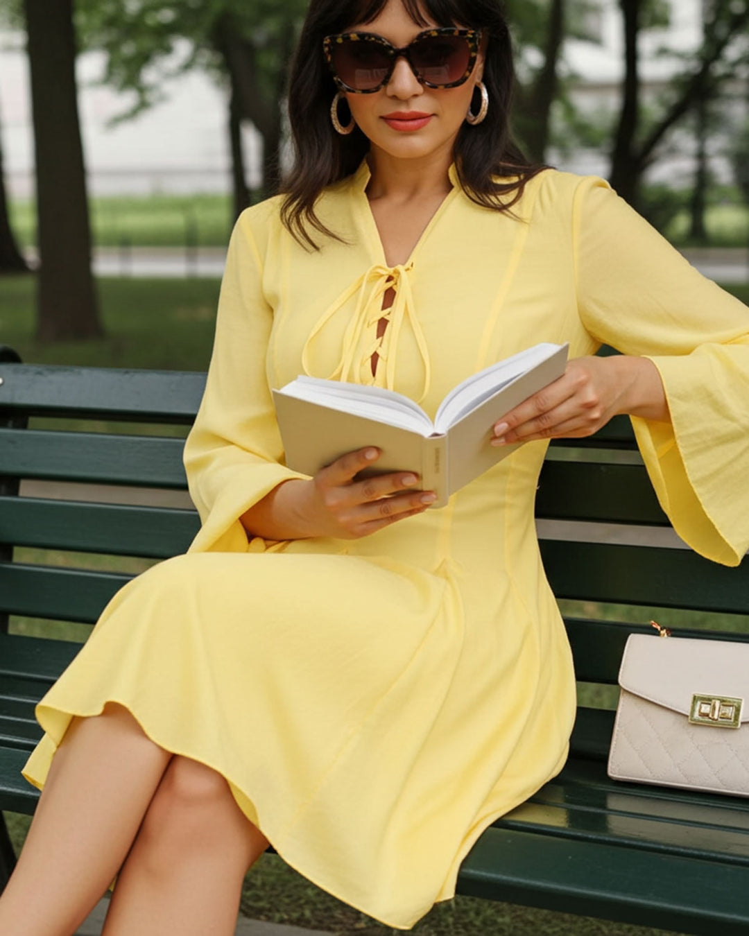 Yellow Bell Sleeve A-Line Mini Dress - Celestia Couture